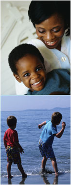 boy and mom / boys at the beach
